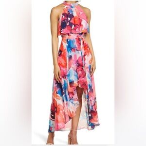 Eliza J Floral Halter High-Low Dress in Pink, Coral, Blue